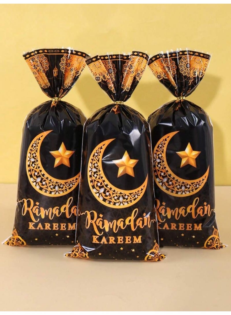 توزيعات رمضان 25 قطعة أكياس هدايا سوداء مزخرفة بالهلال والنجمة وعبارة رمضان كريم، مناسبة لتقديم الحلوى وزينة حفلات رمضان والعيد - Image 1